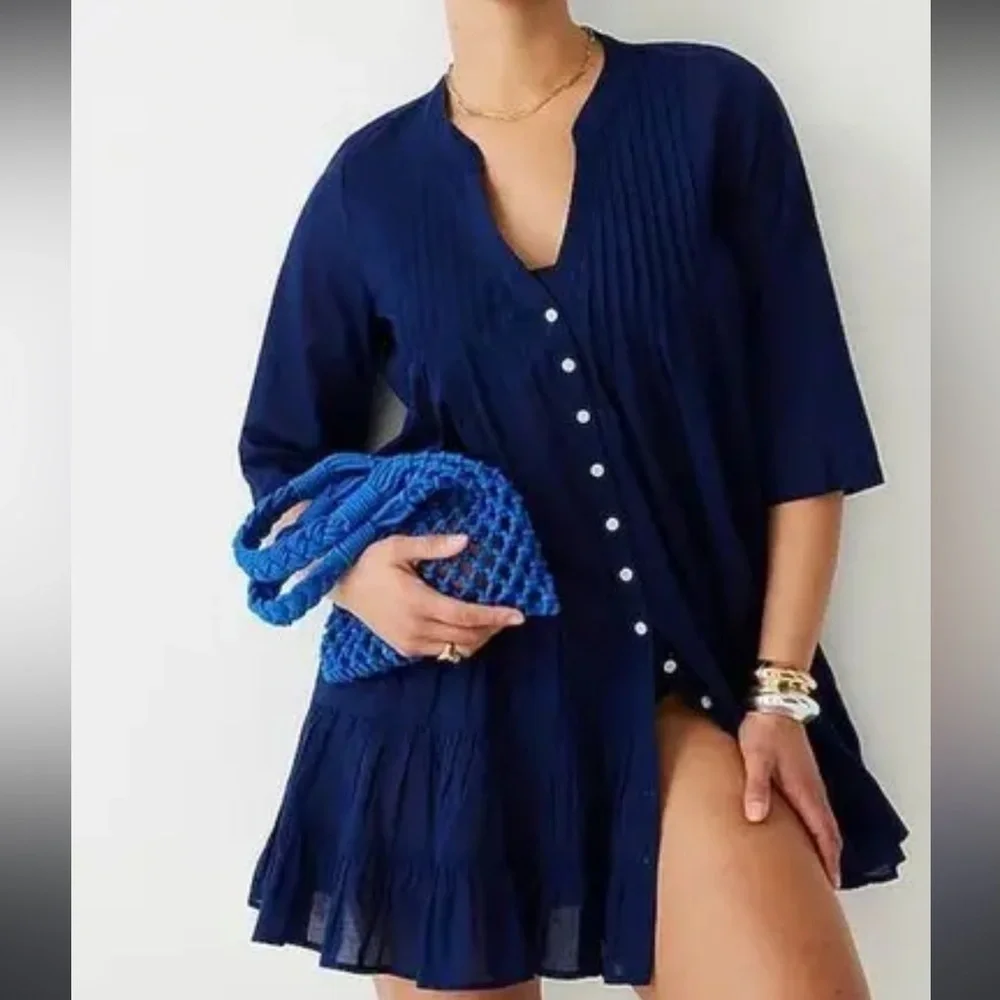 J. Crew Button Front Tiered Cover Up Dress Blue Cotton Voile